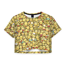 Женская футболка 3D укороченная с принтом Смайлики. Стикербомбинг в Санкт-Петербурге, 100% полиэстер | круглая горловина, длина футболки до линии талии, рукава с отворотами | emoji | желтый | мем | смайл | стикербомбинг | текстура | улыбка | эмодзи