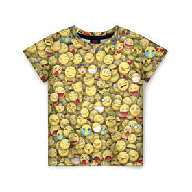 Детская футболка 3D с принтом Смайлики. Стикербомбинг в Санкт-Петербурге, 100% гипоаллергенный полиэфир | прямой крой, круглый вырез горловины, длина до линии бедер, чуть спущенное плечо, ткань немного тянется | emoji | желтый | мем | смайл | стикербомбинг | текстура | улыбка | эмодзи