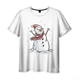 Мужская футболка 3D с принтом Снеговик в Санкт-Петербурге, 100% полиэфир | прямой крой, круглый вырез горловины, длина до линии бедер | happy new year | new year | santa claus | дед мороз | дедушка мороз | новый год | санта клаус | снеговик