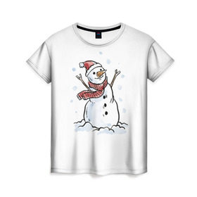 Женская футболка 3D с принтом Снеговик в Санкт-Петербурге, 100% полиэфир ( синтетическое хлопкоподобное полотно) | прямой крой, круглый вырез горловины, длина до линии бедер | happy new year | new year | santa claus | дед мороз | дедушка мороз | новый год | санта клаус | снеговик