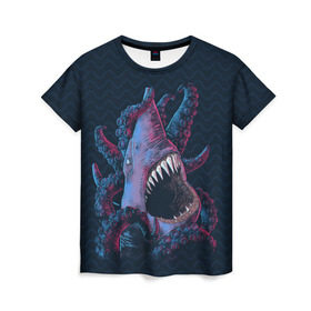 Женская футболка 3D с принтом Underwater Fight в Санкт-Петербурге, 100% полиэфир ( синтетическое хлопкоподобное полотно) | прямой крой, круглый вырез горловины, длина до линии бедер | акула | осьминог