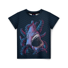Детская футболка 3D с принтом Underwater Fight в Санкт-Петербурге, 100% гипоаллергенный полиэфир | прямой крой, круглый вырез горловины, длина до линии бедер, чуть спущенное плечо, ткань немного тянется | Тематика изображения на принте: акула | осьминог