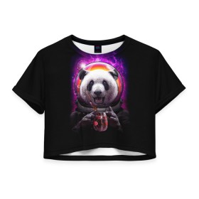 Женская футболка 3D укороченная с принтом Panda Cosmonaut в Санкт-Петербурге, 100% полиэстер | круглая горловина, длина футболки до линии талии, рукава с отворотами | bear | galaxy | panda | space | star | астронавт | галактика | звезда | космонавт | космос | медведь | панда