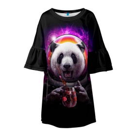 Детское платье 3D с принтом Panda Cosmonaut в Санкт-Петербурге, 100% полиэстер | прямой силуэт, чуть расширенный к низу. Круглая горловина, на рукавах — воланы | bear | galaxy | panda | space | star | астронавт | галактика | звезда | космонавт | космос | медведь | панда