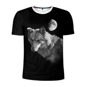 Мужская футболка 3D спортивная с принтом Ночной Волк в Санкт-Петербурге, 100% полиэстер с улучшенными характеристиками | приталенный силуэт, круглая горловина, широкие плечи, сужается к линии бедра | Тематика изображения на принте: волк | волки | животные | звери | луна | ночь | серый | черно белый