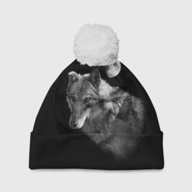 Шапка 3D c помпоном с принтом Ночной Волк в Санкт-Петербурге, 100% полиэстер | универсальный размер, печать по всей поверхности изделия | волк | волки | животные | звери | луна | ночь | серый | черно белый