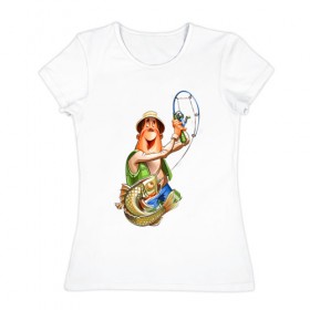 Женская футболка хлопок с принтом рыбак в Санкт-Петербурге, 100% хлопок | прямой крой, круглый вырез горловины, длина до линии бедер, слегка спущенное плечо | 