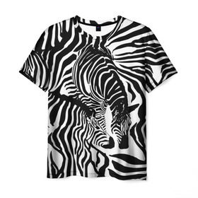 Мужская футболка 3D с принтом Зебра в Санкт-Петербурге, 100% полиэфир | прямой крой, круглый вырез горловины, длина до линии бедер | дикое | животное | зебра | камуфляж | лошадь | маскировка | полосы | текстура | фон | черно белые