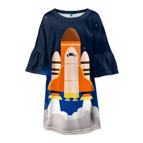 Детское платье 3D с принтом Космический корабль в Санкт-Петербурге, 100% полиэстер | прямой силуэт, чуть расширенный к низу. Круглая горловина, на рукавах — воланы | Тематика изображения на принте: вселенная | галактика | звёзды | космический полёт | космос | созвездие