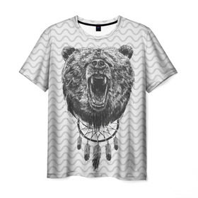 Мужская футболка 3D с принтом Bear Dreamcatcher в Санкт-Петербурге, 100% полиэфир | прямой крой, круглый вырез горловины, длина до линии бедер | bear | beast | forest | russia | siberian | зверь | лес | ловец | медведь | россия | сибирь | сон | ярость
