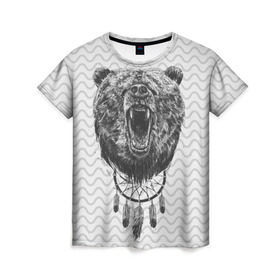 Женская футболка 3D с принтом Bear Dreamcatcher в Санкт-Петербурге, 100% полиэфир ( синтетическое хлопкоподобное полотно) | прямой крой, круглый вырез горловины, длина до линии бедер | bear | beast | forest | russia | siberian | зверь | лес | ловец | медведь | россия | сибирь | сон | ярость