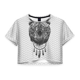 Женская футболка 3D укороченная с принтом Bear Dreamcatcher в Санкт-Петербурге, 100% полиэстер | круглая горловина, длина футболки до линии талии, рукава с отворотами | Тематика изображения на принте: bear | beast | forest | russia | siberian | зверь | лес | ловец | медведь | россия | сибирь | сон | ярость
