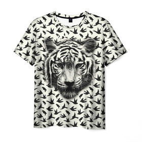 Мужская футболка 3D с принтом Tiger Dreams в Санкт-Петербурге, 100% полиэфир | прямой крой, круглый вырез горловины, длина до линии бедер | bird | cat | dream | fly | tiger | кис | кот | кошка | мечте | мяу | полет | птица | тигр
