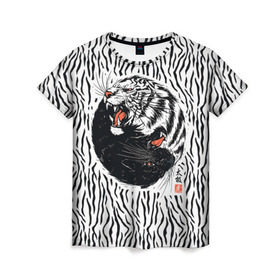 Женская футболка 3D с принтом Yin Yang Tigers в Санкт-Петербурге, 100% полиэфир ( синтетическое хлопкоподобное полотно) | прямой крой, круглый вырез горловины, длина до линии бедер | tiger | yin yang | инь ян | китай | сила | тигр | ярость