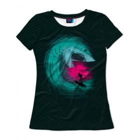 Женская футболка 3D с принтом Shark Vortex в Санкт-Петербурге, 100% полиэфир ( синтетическое хлопкоподобное полотно) | прямой крой, круглый вырез горловины, длина до линии бедер | акула | закат | море | океан | рыба | серф | солнце