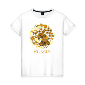 Женская футболка хлопок с принтом Russia Forever в Санкт-Петербурге, 100% хлопок | прямой крой, круглый вырез горловины, длина до линии бедер, слегка спущенное плечо | народный | орнамент | роспись | традиционный