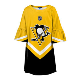 Детское платье 3D с принтом Pittsburgh Penguins в Санкт-Петербурге, 100% полиэстер | прямой силуэт, чуть расширенный к низу. Круглая горловина, на рукавах — воланы | america | canada | hockey | nhl | usa | америка | канада | лед | нхл | пингвинз | питтсбург | сша | хоккей