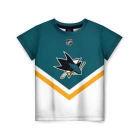 Детская футболка 3D с принтом San Jose Sharks в Санкт-Петербурге, 100% гипоаллергенный полиэфир | прямой крой, круглый вырез горловины, длина до линии бедер, чуть спущенное плечо, ткань немного тянется | america | canada | hockey | nhl | usa | акула | америка | канада | лед | нхл | сан хосе | сша | хоккей | шаркс