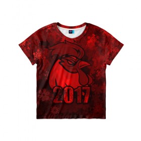 Детская футболка 3D с принтом Огненный петух в Санкт-Петербурге, 100% гипоаллергенный полиэфир | прямой крой, круглый вырез горловины, длина до линии бедер, чуть спущенное плечо, ткань немного тянется | животное | зима | красный | новый год | символ | снежинки