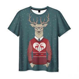 Мужская футболка 3D с принтом Олень хипстер в Санкт-Петербурге, 100% полиэфир | прямой крой, круглый вырез горловины, длина до линии бедер | hipster | голова животного | животные | олень | олень хипстер | подарок на новый год | хипстер