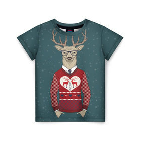 Детская футболка 3D с принтом Олень хипстер в Санкт-Петербурге, 100% гипоаллергенный полиэфир | прямой крой, круглый вырез горловины, длина до линии бедер, чуть спущенное плечо, ткань немного тянется | hipster | голова животного | животные | олень | олень хипстер | подарок на новый год | хипстер