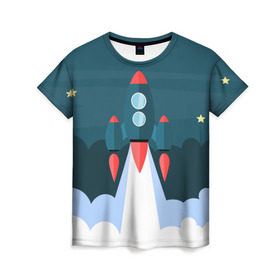 Женская футболка 3D с принтом Ракета в Санкт-Петербурге, 100% полиэфир ( синтетическое хлопкоподобное полотно) | прямой крой, круглый вырез горловины, длина до линии бедер | звёзды | космический корабль | космическое пространство | космос | созвездие