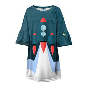 Детское платье 3D с принтом Ракета в Санкт-Петербурге, 100% полиэстер | прямой силуэт, чуть расширенный к низу. Круглая горловина, на рукавах — воланы | Тематика изображения на принте: звёзды | космический корабль | космическое пространство | космос | созвездие