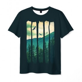 Мужская футболка 3D с принтом Green Life в Санкт-Петербурге, 100% полиэфир | прямой крой, круглый вырез горловины, длина до линии бедер | bird | forest | green | mountain | nature | гора | дерево | деревья | зеленый | лес | природа | птицы
