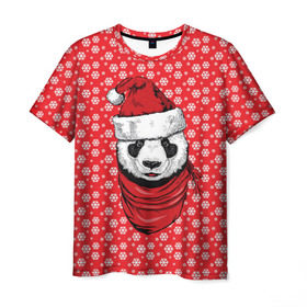 Мужская футболка 3D с принтом Панда Клаус в Санкт-Петербурге, 100% полиэфир | прямой крой, круглый вырез горловины, длина до линии бедер | Тематика изображения на принте: animal | bear | beast | claus | panda | santa | дед мороз | елка | зверь | клаус | медведь | новый год | панда | рождество | санта | снег
