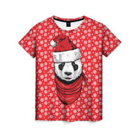 Женская футболка 3D с принтом Панда Клаус в Санкт-Петербурге, 100% полиэфир ( синтетическое хлопкоподобное полотно) | прямой крой, круглый вырез горловины, длина до линии бедер | animal | bear | beast | claus | panda | santa | дед мороз | елка | зверь | клаус | медведь | новый год | панда | рождество | санта | снег