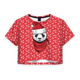 Женская футболка 3D укороченная с принтом Панда Клаус в Санкт-Петербурге, 100% полиэстер | круглая горловина, длина футболки до линии талии, рукава с отворотами | Тематика изображения на принте: animal | bear | beast | claus | panda | santa | дед мороз | елка | зверь | клаус | медведь | новый год | панда | рождество | санта | снег