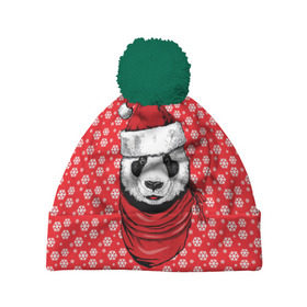 Шапка 3D c помпоном с принтом Панда Клаус в Санкт-Петербурге, 100% полиэстер | универсальный размер, печать по всей поверхности изделия | animal | bear | beast | claus | panda | santa | дед мороз | елка | зверь | клаус | медведь | новый год | панда | рождество | санта | снег