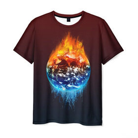 Мужская футболка 3D с принтом Огонь против воды в Санкт-Петербурге, 100% полиэфир | прямой крой, круглый вырез горловины, длина до линии бедер | Тематика изображения на принте: battle | fire | galaxy | planet | space | water | битва | вода | галактика | земля | космос | огонь | пламя | планета