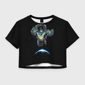 Женская футболка 3D укороченная с принтом Космическая бабочка в Санкт-Петербурге, 100% полиэстер | круглая горловина, длина футболки до линии талии, рукава с отворотами | astro | butterfly | galaxy | planet | space | star | бабочка | галактика | звезда | земля | космонавт | космос | планета