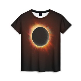 Женская футболка 3D с принтом Солнечное затмение в Санкт-Петербурге, 100% полиэфир ( синтетическое хлопкоподобное полотно) | прямой крой, круглый вырез горловины, длина до линии бедер | eclipse | moon | planet | solar | space | star | sun | затмение | звезда | космос | луна | планета | солнце