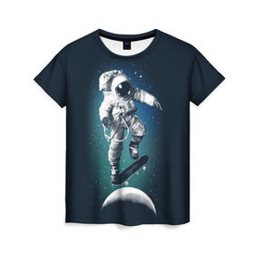 Женская футболка 3D с принтом Космический скейтбординг в Санкт-Петербурге, 100% полиэфир ( синтетическое хлопкоподобное полотно) | прямой крой, круглый вырез горловины, длина до линии бедер | cosmonaut | galaxy | planet | skate | space | star | галактика | звезды | космонавт | космос | планета | скейт