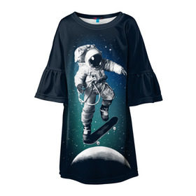Детское платье 3D с принтом Космический скейтбординг в Санкт-Петербурге, 100% полиэстер | прямой силуэт, чуть расширенный к низу. Круглая горловина, на рукавах — воланы | cosmonaut | galaxy | planet | skate | space | star | галактика | звезды | космонавт | космос | планета | скейт