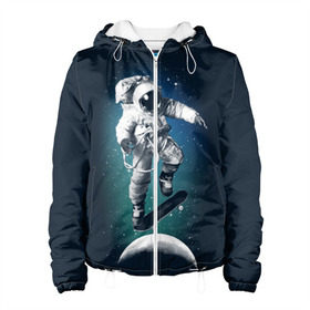Женская куртка 3D с принтом Космический скейтбординг в Санкт-Петербурге, ткань верха — 100% полиэстер, подклад — флис | прямой крой, подол и капюшон оформлены резинкой с фиксаторами, два кармана без застежек по бокам, один большой потайной карман на груди. Карман на груди застегивается на липучку | cosmonaut | galaxy | planet | skate | space | star | галактика | звезды | космонавт | космос | планета | скейт