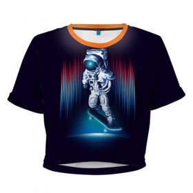 Женская футболка 3D укороченная с принтом Космический скейтбордист в Санкт-Петербурге, 100% полиэстер | круглая горловина, длина футболки до линии талии, рукава с отворотами | 