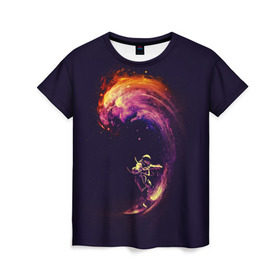 Женская футболка 3D с принтом Космический серфинг в Санкт-Петербурге, 100% полиэфир ( синтетическое хлопкоподобное полотно) | прямой крой, круглый вырез горловины, длина до линии бедер | cosmonaut | galaxy | planet | space | star | surf | галактика | звезды | космонавт | космос | планета | серф
