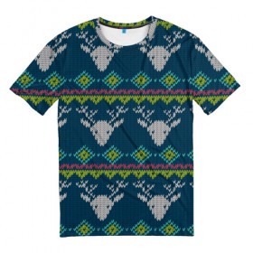 Мужская футболка 3D с принтом Свитер с оленями в Санкт-Петербурге, 100% полиэфир | прямой крой, круглый вырез горловины, длина до линии бедер | ангел | ёлка | ель | зима | колокольчик | нг | новый год | олень | рождество | санта | снег