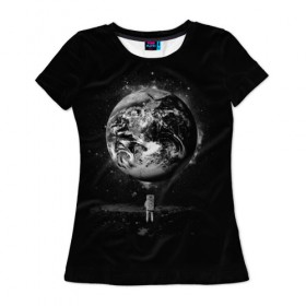 Женская футболка 3D с принтом Взгляд на землю в Санкт-Петербурге, 100% полиэфир ( синтетическое хлопкоподобное полотно) | прямой крой, круглый вырез горловины, длина до линии бедер | astro | cosmo | galaxy | moon | planet | space | star | автронавт | галактика | звезды | земля | космонавт | космос | луна | планета