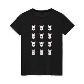 Женская футболка хлопок с принтом 12 эмоций бультерьера в Санкт-Петербурге, 100% хлопок | прямой крой, круглый вырез горловины, длина до линии бедер, слегка спущенное плечо | emoji | булечка | булик | буль | бультерьер | смайл | собака | эмоджи | эмодзи