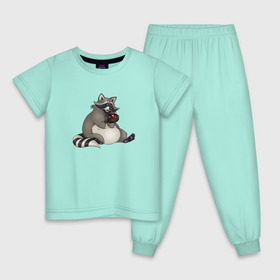 Детская пижама хлопок с принтом Енотик в Санкт-Петербурге, 100% хлопок |  брюки и футболка прямого кроя, без карманов, на брюках мягкая резинка на поясе и по низу штанин
 | Тематика изображения на принте: акварель | енот | кекс | мафин | сладкоежка