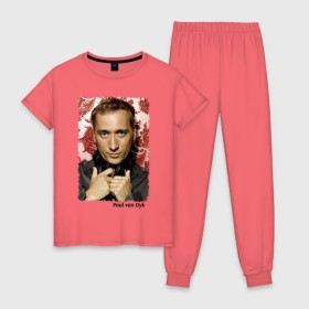 Женская пижама хлопок с принтом Paul van Dyk в Санкт-Петербурге, 100% хлопок | брюки и футболка прямого кроя, без карманов, на брюках мягкая резинка на поясе и по низу штанин | 