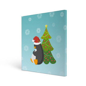 Холст квадратный с принтом Новогодний пингвинчик в Санкт-Петербурге, 100% ПВХ |  | елка | новый год | пингвин