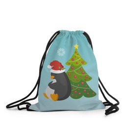 Рюкзак-мешок 3D с принтом Новогодний пингвинчик в Санкт-Петербурге, 100% полиэстер | плотность ткани — 200 г/м2, размер — 35 х 45 см; лямки — толстые шнурки, застежка на шнуровке, без карманов и подкладки | елка | новый год | пингвин