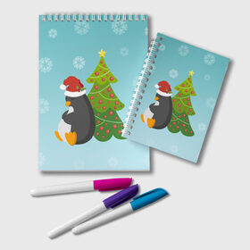 Блокнот с принтом Новогодний пингвинчик в Санкт-Петербурге, 100% бумага | 48 листов, плотность листов — 60 г/м2, плотность картонной обложки — 250 г/м2. Листы скреплены удобной пружинной спиралью. Цвет линий — светло-серый
 | Тематика изображения на принте: елка | новый год | пингвин