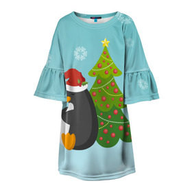 Детское платье 3D с принтом Новогодний пингвинчик в Санкт-Петербурге, 100% полиэстер | прямой силуэт, чуть расширенный к низу. Круглая горловина, на рукавах — воланы | елка | новый год | пингвин