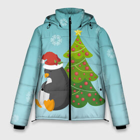 Мужская зимняя куртка 3D с принтом Новогодний пингвинчик в Санкт-Петербурге, верх — 100% полиэстер; подкладка — 100% полиэстер; утеплитель — 100% полиэстер | длина ниже бедра, свободный силуэт Оверсайз. Есть воротник-стойка, отстегивающийся капюшон и ветрозащитная планка. 

Боковые карманы с листочкой на кнопках и внутренний карман на молнии. | елка | новый год | пингвин